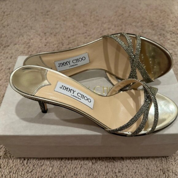 Jimmy Choo Gold Metallic Strappy Heels - Picture 1 of 8